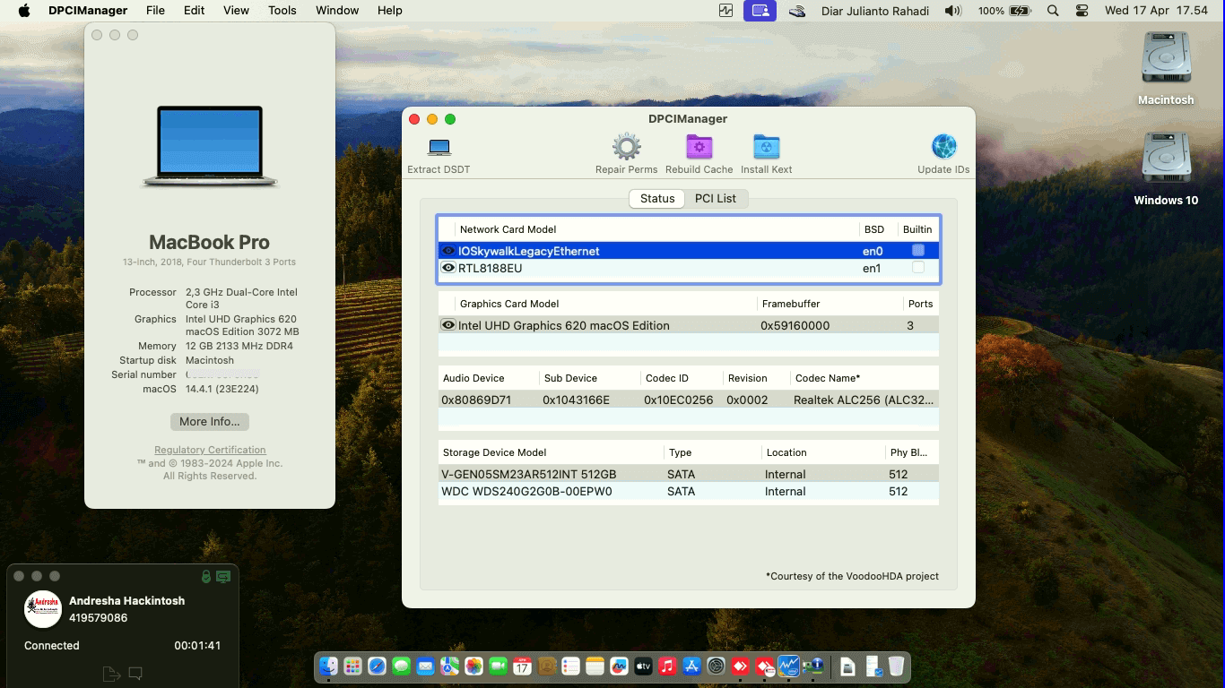 Success Hackintosh macOS Sonoma 14.4.1 Build 23E224 in Asus A407UF-BV061T